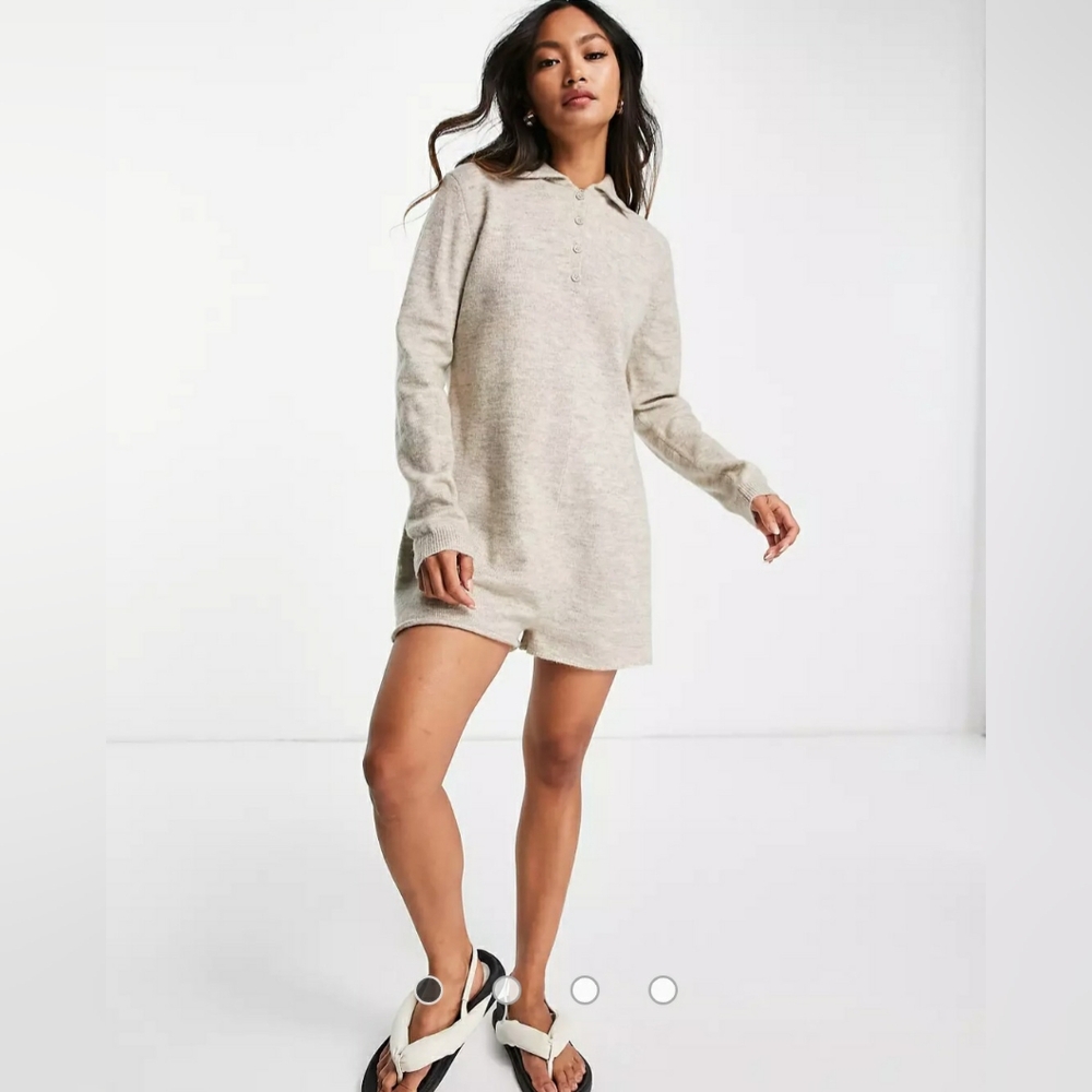 ASOS DESIGN knitted romper with collar detail in oatmeal Size 4 Beige
